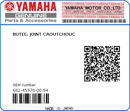 Product image: Yamaha - 662-45376-00-94 - BUTEE, JOINT CAOUTCHOUC 