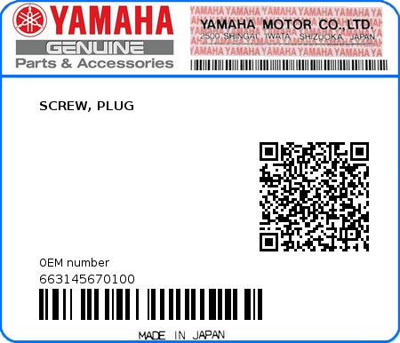 Product image: Yamaha - 663145670100 - SCREW, PLUG 