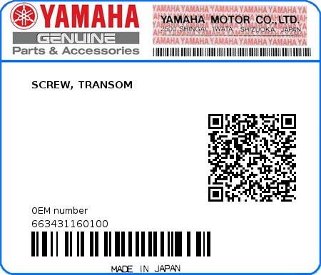 Product image: Yamaha - 663431160100 - SCREW, TRANSOM  0