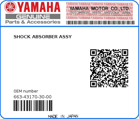 Product image: Yamaha - 663-43170-30-00 - SHOCK ABSORBER ASSY  0