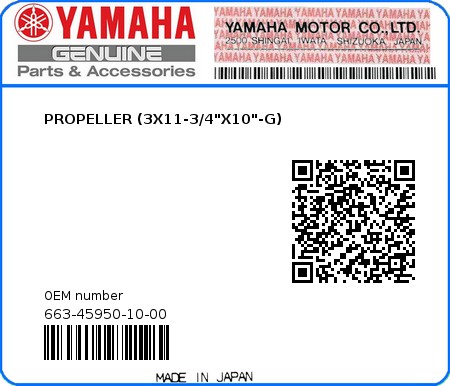 Product image: Yamaha - 663-45950-10-00 - PROPELLER (3X11-3/4"X10"-G)  0