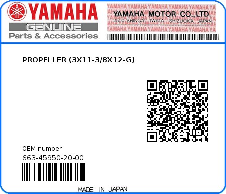 Product image: Yamaha - 663-45950-20-00 - PROPELLER (3X11-3/8X12-G) 