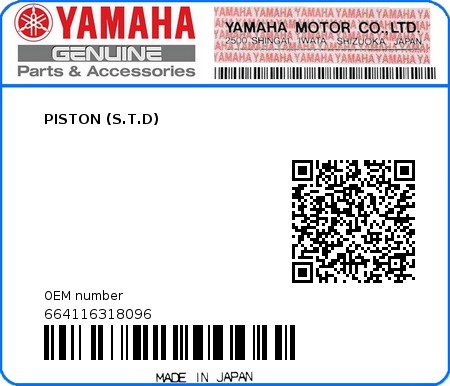 Product image: Yamaha - 664116318096 - PISTON (S.T.D) 