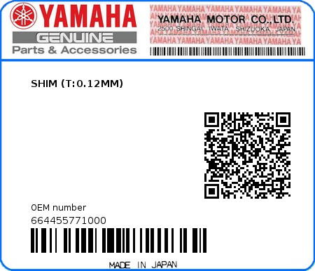 Product image: Yamaha - 664455771000 - SHIM (T:0.12MM)  0