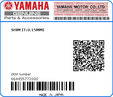 Product image: Yamaha - 664455772000 - SHIM (T:0.15MM)  0