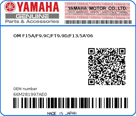 Product image: Yamaha - 66M281997AE0 - OM F15A/F9.9C/FT9.9D/F13.5A'06 