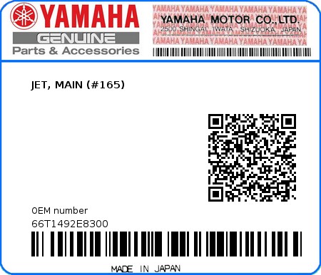 Product image: Yamaha - 66T1492E8300 - JET, MAIN (#165)  0