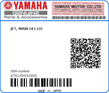 Product image: Yamaha - 676149432900 - JET, MAIN (#110) 