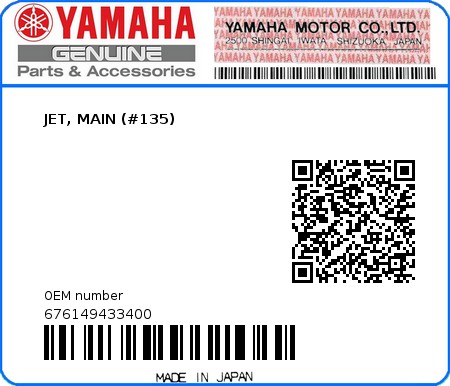 Product image: Yamaha - 676149433400 - JET, MAIN (#135)  0