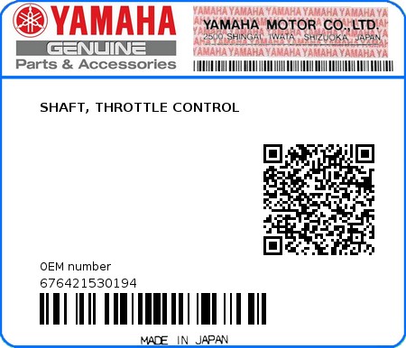 Product image: Yamaha - 676421530194 - SHAFT, THROTTLE CONTROL 