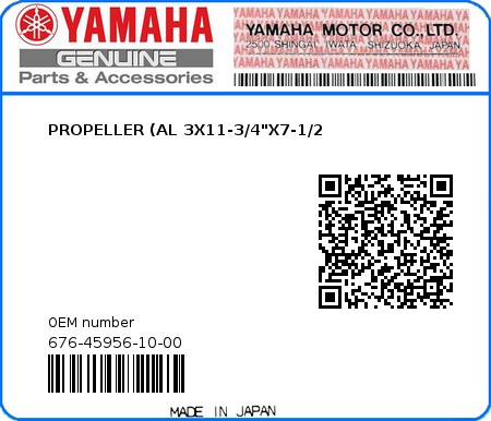 Product image: Yamaha - 676-45956-10-00 - PROPELLER (AL 3X11-3/4"X7-1/2 