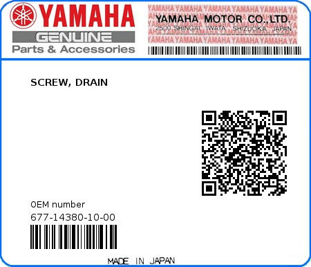 Product image: Yamaha - 677-14380-10-00 - SCREW, DRAIN 