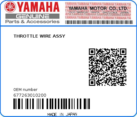 Product image: Yamaha - 677263010200 - THROTTLE WIRE ASSY  0