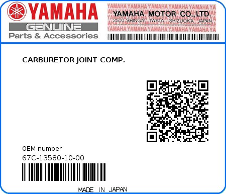 Product image: Yamaha - 67C-13580-10-00 - CARBURETOR JOINT COMP. 