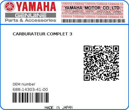 Product image: Yamaha - 688-14303-41-00 - CARBURATEUR COMPLET 3  0