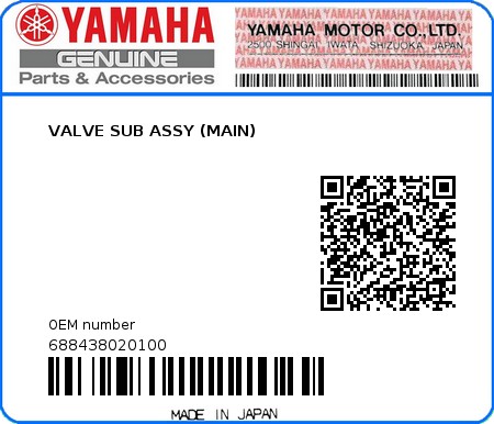 Product image: Yamaha - 688438020100 - VALVE SUB ASSY (MAIN) 