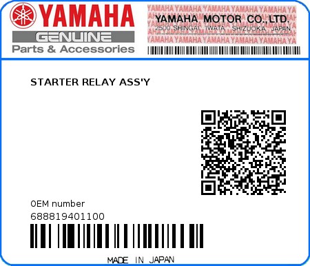 Product image: Yamaha - 688819401100 - STARTER RELAY ASS'Y 