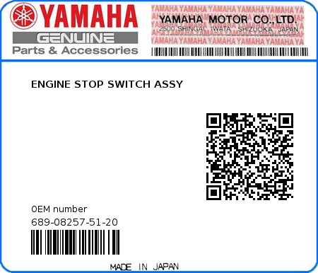 Product image: Yamaha - 689-08257-51-20 - ENGINE STOP SWITCH ASSY  0