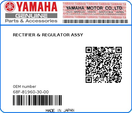 Product image: Yamaha - 68F-81960-30-00 - RECTIFIER & REGULATOR ASSY 