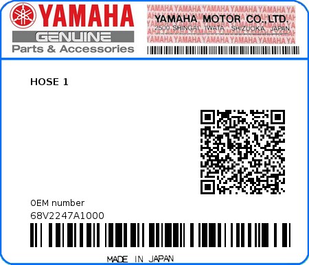 Product image: Yamaha - 68V2247A1000 - HOSE 1  0