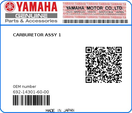 Product image: Yamaha - 692-14301-60-00 - CARBURETOR ASSY 1 