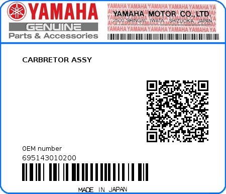 Product image: Yamaha - 695143010200 - CARBRETOR ASSY  0