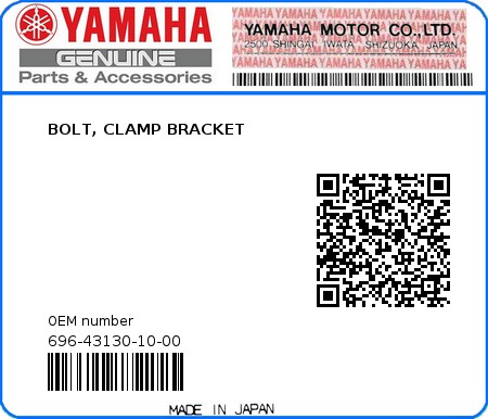 Product image: Yamaha - 696-43130-10-00 - BOLT, CLAMP BRACKET 