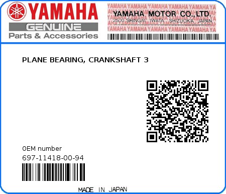 Product image: Yamaha - 697-11418-00-94 - PLANE BEARING, CRANKSHAFT 3 