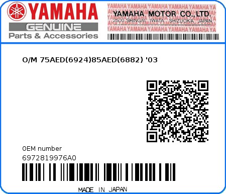 Product image: Yamaha - 6972819976A0 - O/M 75AED(6924)85AED(6882) '03  0