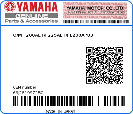 Product image: Yamaha - 69J2819972B0 - O/M F200AET/F225AET/FL200A '03 