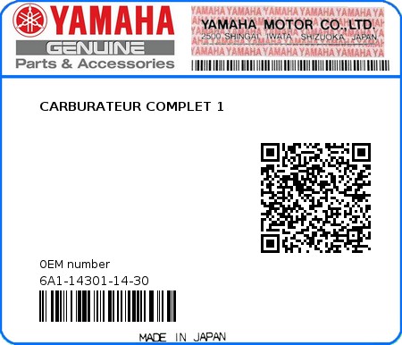 Product image: Yamaha - 6A1-14301-14-30 - CARBURATEUR COMPLET 1  0