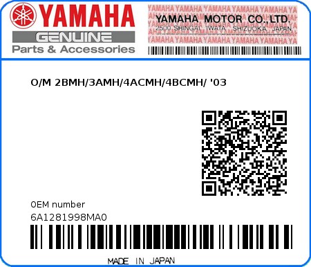 Product image: Yamaha - 6A1281998MA0 - O/M 2BMH/3AMH/4ACMH/4BCMH/ '03 