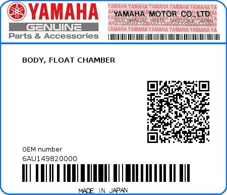 Product image: Yamaha - 6AU149820000 - BODY, FLOAT CHAMBER 