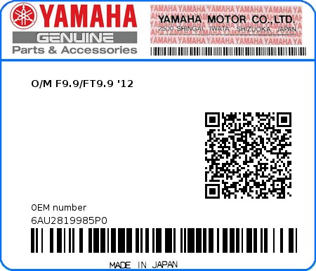 Product image: Yamaha - 6AU2819985P0 - O/M F9.9/FT9.9 '12 