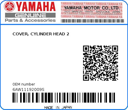 Product image: Yamaha - 6AW11192009S - COVER, CYLINDER HEAD 2 