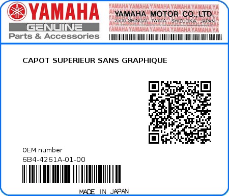 Product image: Yamaha - 6B4-4261A-01-00 - CAPOT SUPERIEUR SANS GRAPHIQUE 