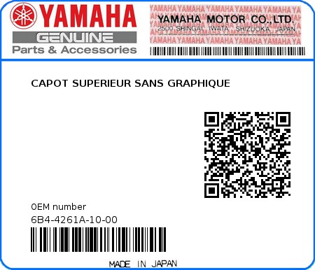 Product image: Yamaha - 6B4-4261A-10-00 - CAPOT SUPERIEUR SANS GRAPHIQUE 