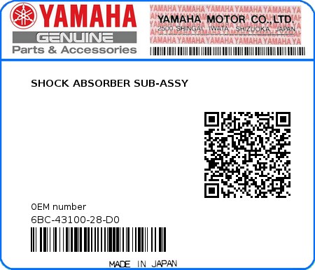 Product image: Yamaha - 6BC-43100-28-D0 - SHOCK ABSORBER SUB-ASSY  0