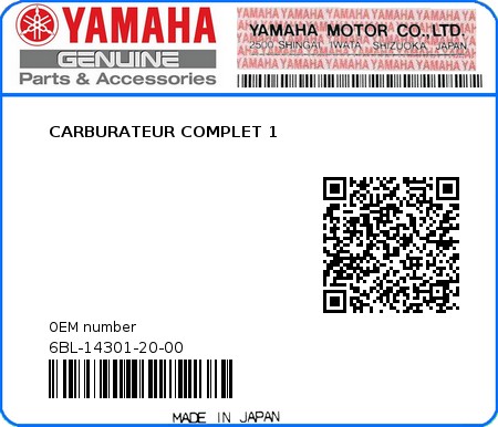 Product image: Yamaha - 6BL-14301-20-00 - CARBURATEUR COMPLET 1  0