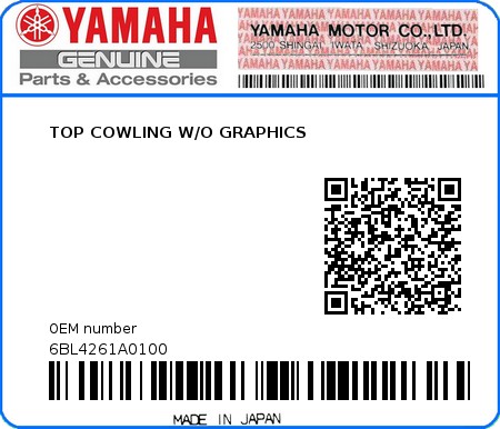 Product image: Yamaha - 6BL4261A0100 - TOP COWLING W/O GRAPHICS 