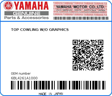 Product image: Yamaha - 6BL4261A1000 - TOP COWLING W/O GRAPHICS 