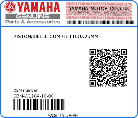 Product image: Yamaha - 6BM-W1164-10-00 - PISTON/BIELLE COMPLETTE:0.25MM 