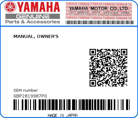 Product image: Yamaha - 6BP2819987P0 - MANUAL, OWNER'S  0