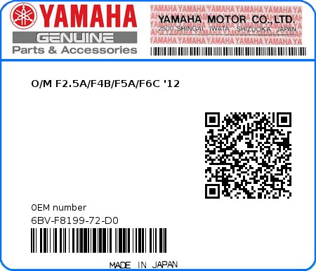 Product image: Yamaha - 6BV-F8199-72-D0 - O/M F2.5A/F4B/F5A/F6C '12 