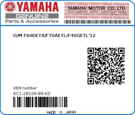 Product image: Yamaha - 6C1-28199-89-K0 - O/M F60DETX/F70AETL/F40GETL'12 