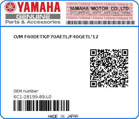 Product image: Yamaha - 6C1-28199-89-L0 - O/M F60DETX/F70AETL/F40GETL'12  0