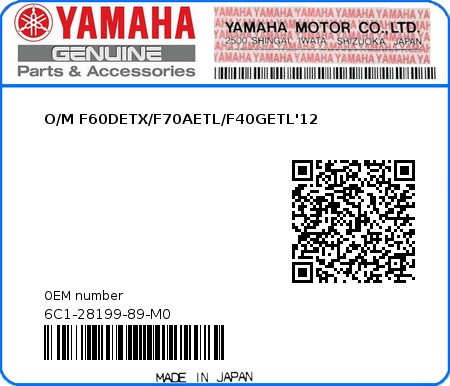 Product image: Yamaha - 6C1-28199-89-M0 - O/M F60DETX/F70AETL/F40GETL'12 