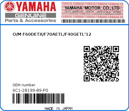 Product image: Yamaha - 6C1-28199-89-P0 - O/M F60DETX/F70AETL/F40GETL'12  0