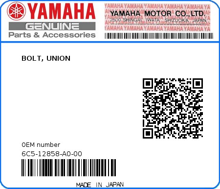 Product image: Yamaha - 6C5-12858-A0-00 - BOLT, UNION  0