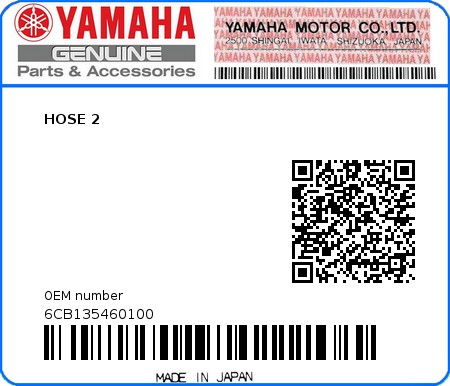 Product image: Yamaha - 6CB135460100 - HOSE 2 